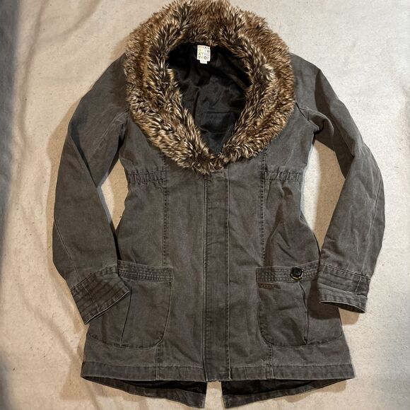 ROXY Women's Vtg Boho Cotton Canvas Parka/Jacket/Coat w/Faux Fur Collar‎ Sz Med - Picture 1 of 5